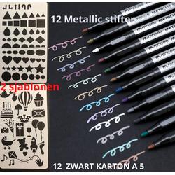 HappyStone Acryl Metallic marker stiften 12 kleuren | 1 mm | inclusief Sjablonen | Acrylverf | Tekenset | Mandala | Acrylstiften voor stenen schilderen | Happy Stones maken